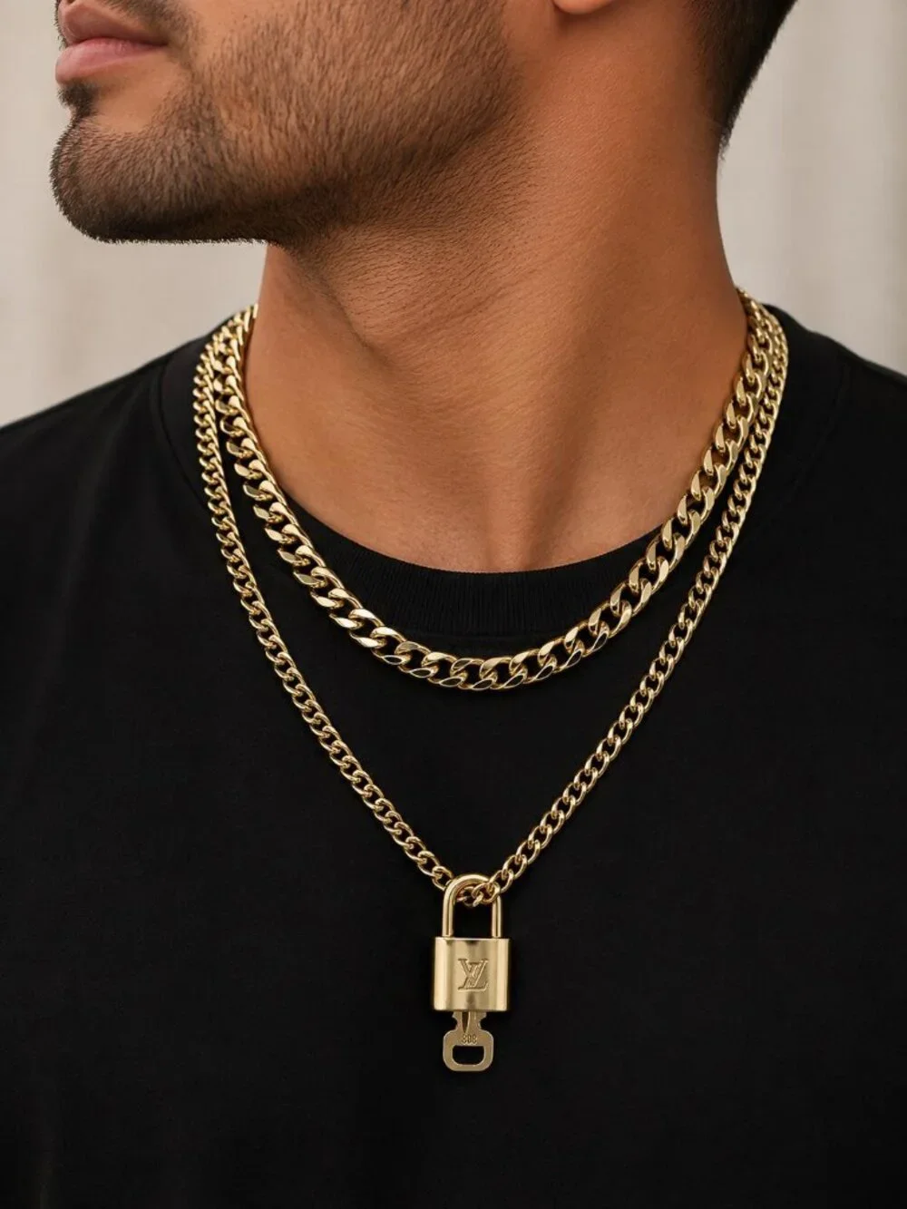 Authentic Louis Vuityon Gold Padlock Pendant with Stainless Steel 2 Cuban Style